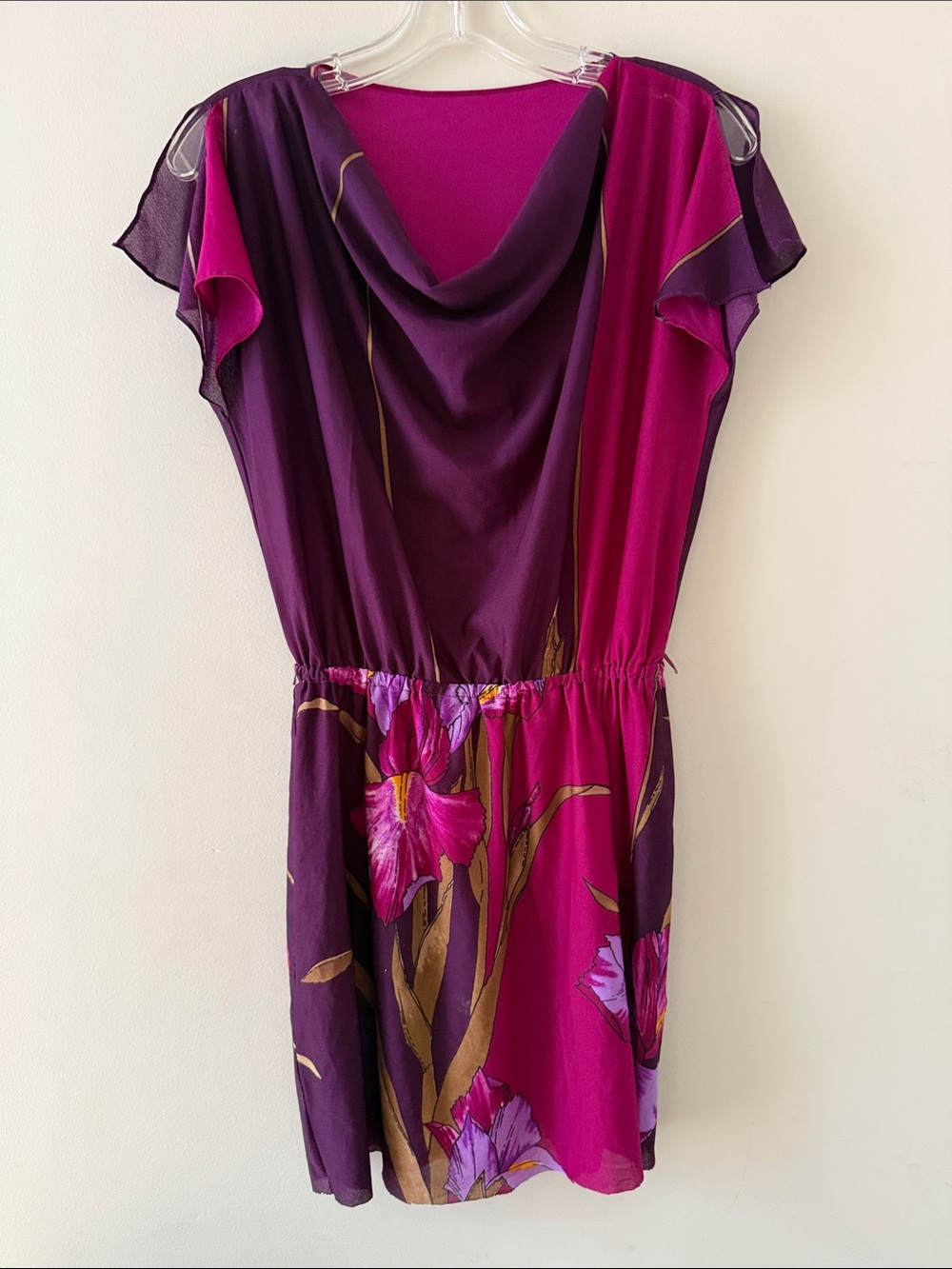 Vintage Purple & Fuchsia Floral Cowl-Neck Mini Dress